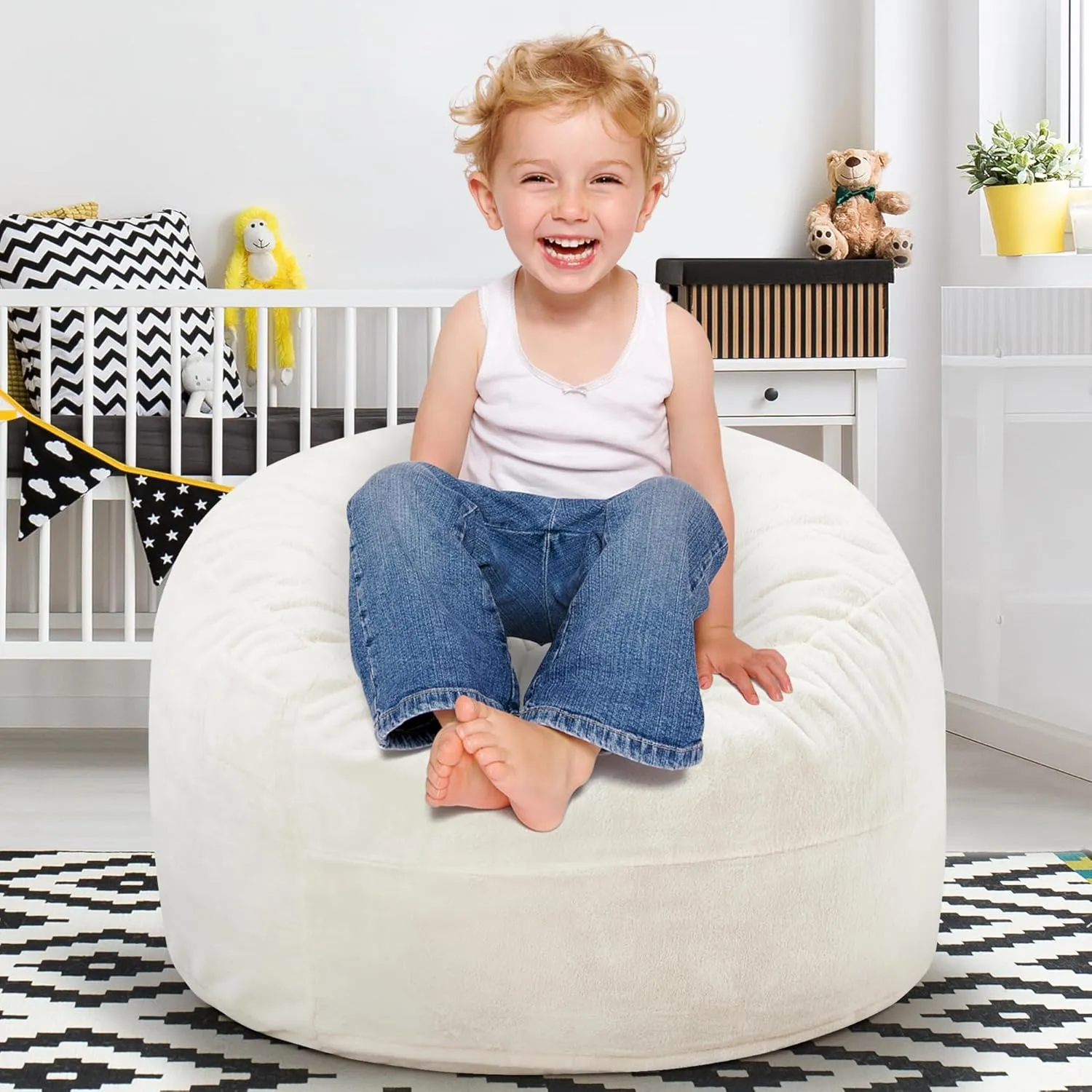 Hobestluk Bean Bag Chairs 2.5FT Bean Bag Chair with Memory Foam Filled & Plush Faux Fur Cover Small Bean Bag Chairs for Playroom, Living Room, Bedroom (White)