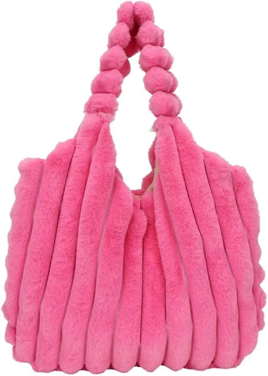 Hobo Tote Bag Fuzzy Faux Fur Cute Casual Clutch Women's Fluffy Tote Handbag Fleece Sherpa Shoulder Bag
