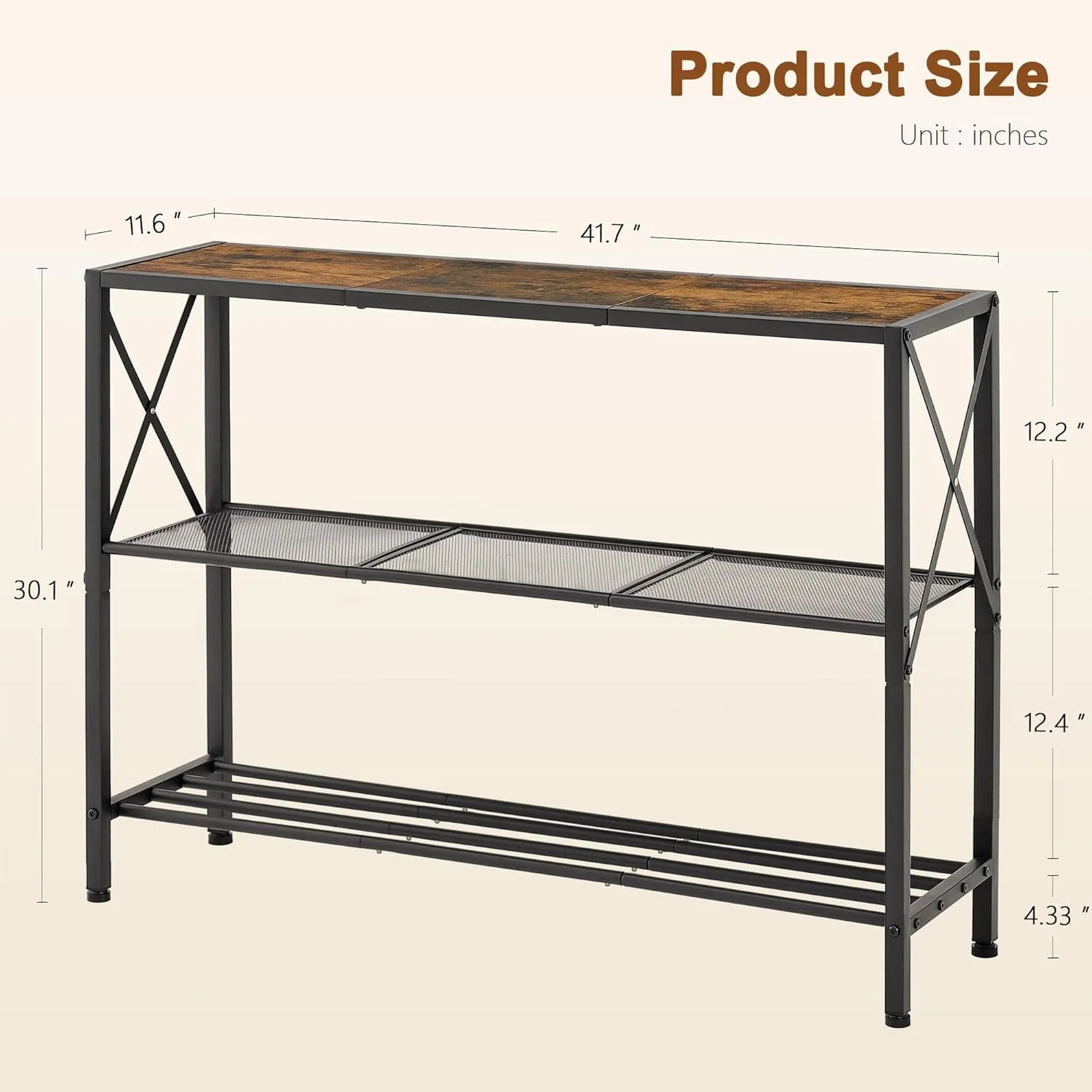 Hoctieon Industrial Console Table, 3 Tier Entryway Tables, Hallway Desk, Narrow Sofa Tables with Shelves, Entrance Table for Entryway, Living Room, Foyer, Hallway, Office, Rustic Brown&Black