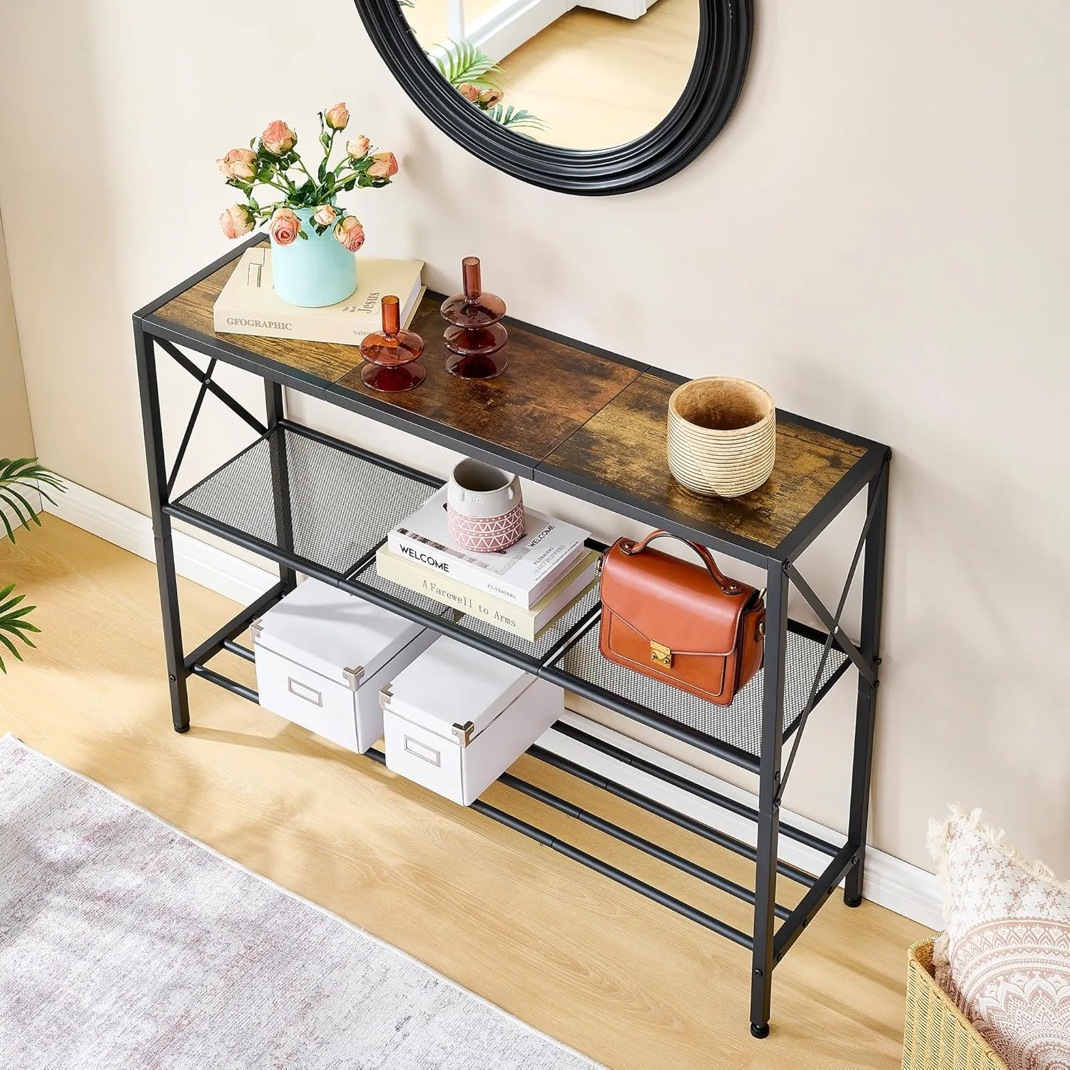 Hoctieon Industrial Console Table, 3 Tier Entryway Tables, Hallway Desk, Narrow Sofa Tables with Shelves, Entrance Table for Entryway, Living Room, Foyer, Hallway, Office, Rustic Brown&Black