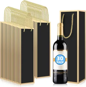 HOFURME 30 Pack Wine Bags Wine Bottles Gift Bags Bulk with Handles, 13.7 x 3.5 x 3.7 Inch Reusable Gold Foil Print Kraft Paper Liquor Bottle Gift for Birthday Party Wedding Bridal Shower (Black)