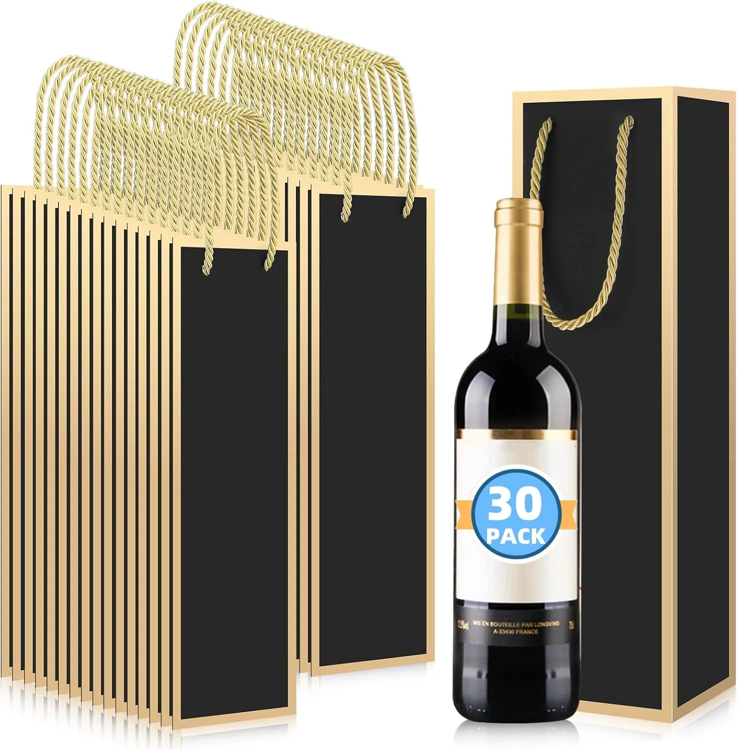 HOFURME 30 Pack Wine Bags Wine Bottles Gift Bags Bulk with Handles, 13.7 x 3.5 x 3.7 Inch Reusable Gold Foil Print Kraft Paper Liquor Bottle Gift for Birthday Party Wedding Bridal Shower (Black)