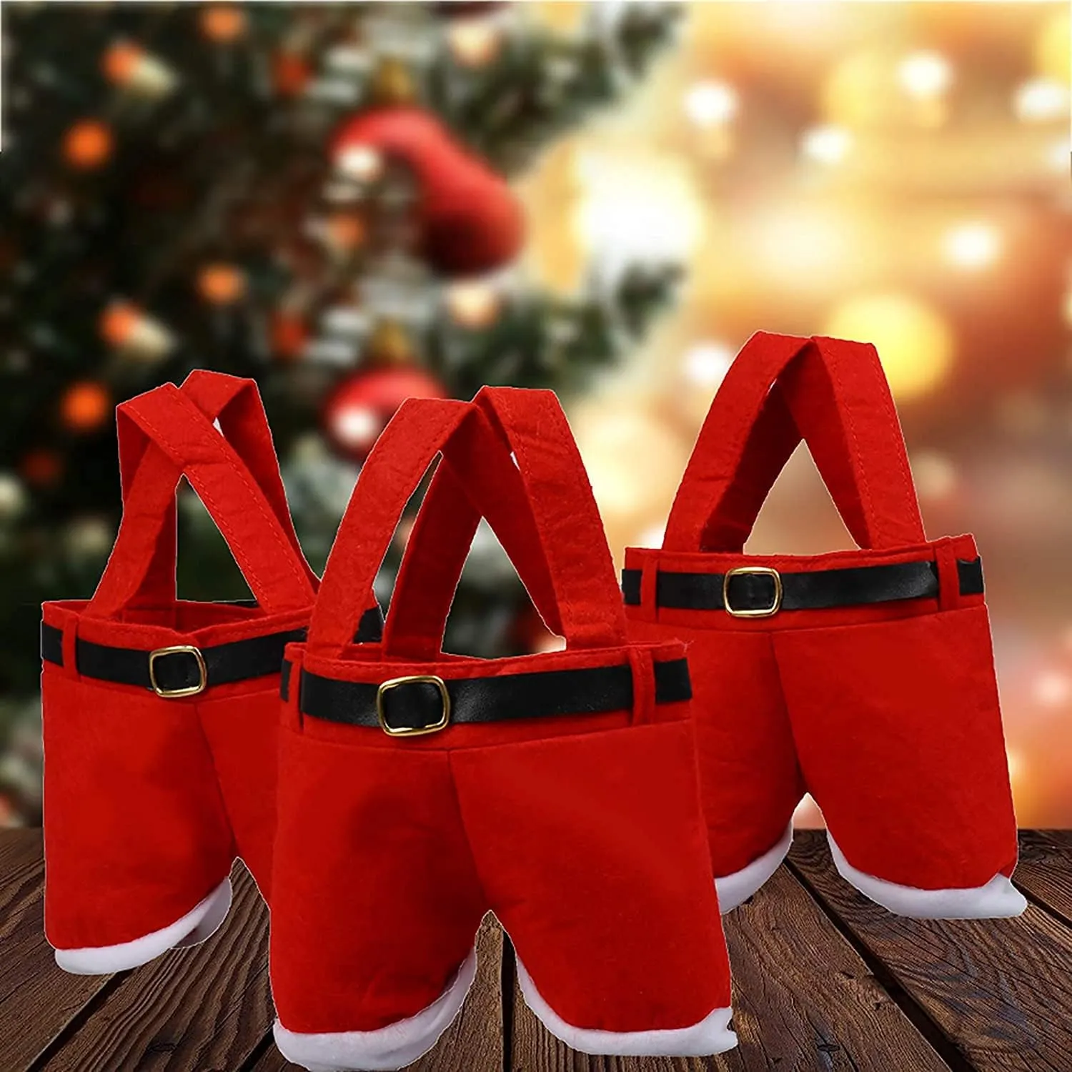 Homecube Christmas Candy Bag Santa Pants Gift and Treat Bags with Handle Portable Candy Gift Baskets Gift Wrap for Wedding, Pack of 3(7" L x 8.5" H)