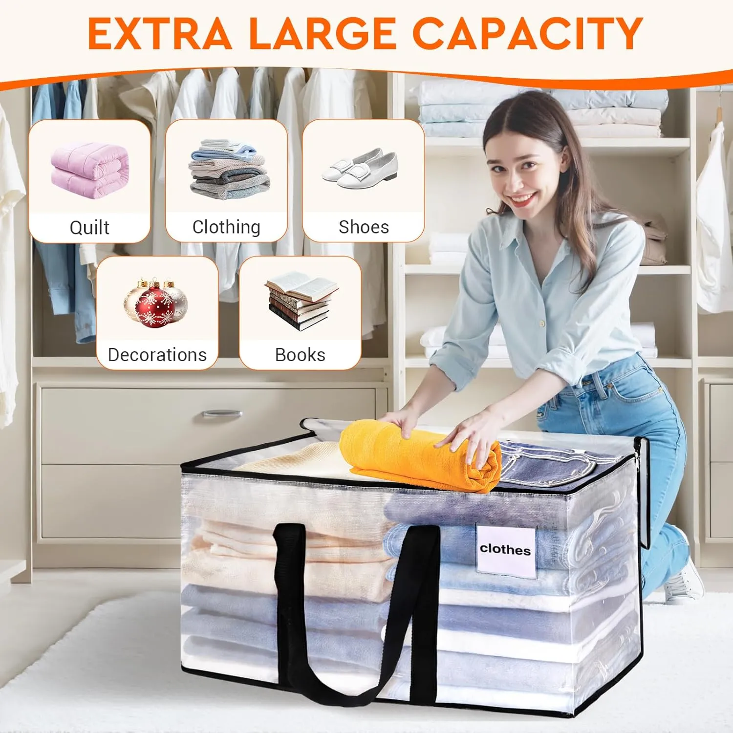 HomeHacks Clear Moving Bags Heavy Duty 4 Pack, Storage Bags with Zipper, Extra Thick Handles & Waterproof Packing Boxes for Moving, Camping, Home Organization 93L/24Gal (28.7"x14.2"x14")