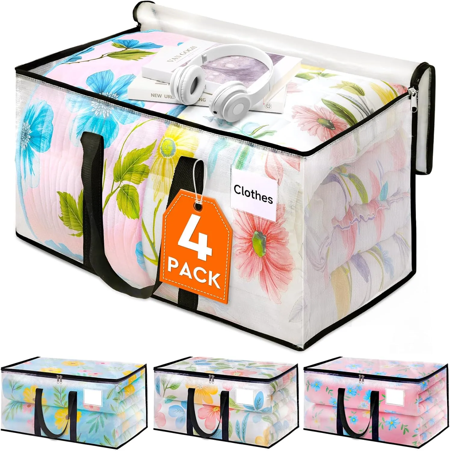 HomeHacks Clear Moving Bags Heavy Duty 4 Pack, Storage Bags with Zipper, Extra Thick Handles & Waterproof Packing Boxes for Moving, Camping, Home Organization 93L/24Gal (28.7"x14.2"x14")