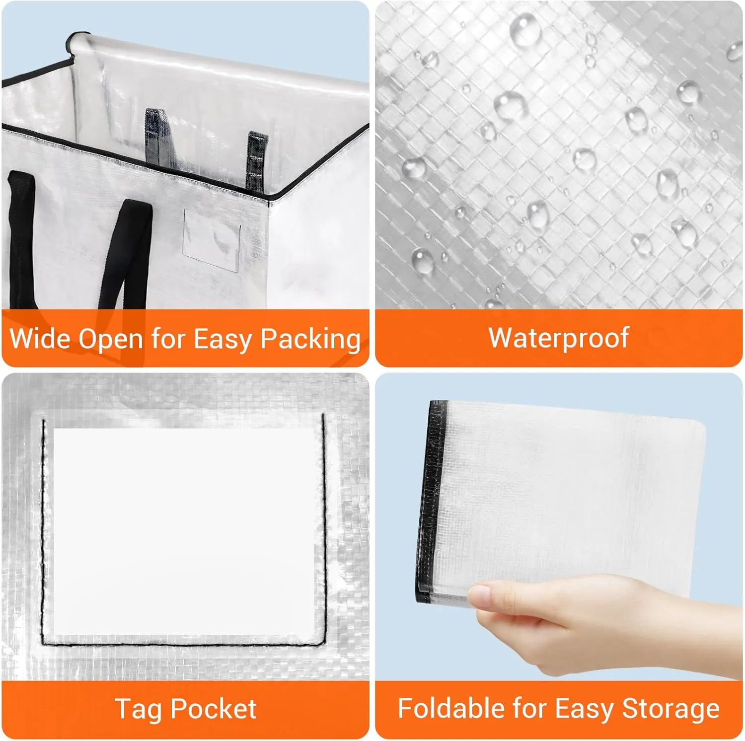 HomeHacks Clear Moving Bags Heavy Duty 4 Pack, Storage Bags with Zipper, Extra Thick Handles & Waterproof Packing Boxes for Moving, Camping, Home Organization 93L/24Gal (28.7"x14.2"x14")