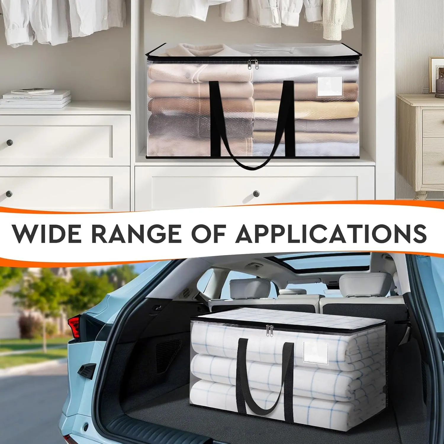 HomeHacks Clear Moving Bags Heavy Duty 4 Pack, Storage Bags with Zipper, Extra Thick Handles & Waterproof Packing Boxes for Moving, Camping, Home Organization 93L/24Gal (28.7"x14.2"x14")