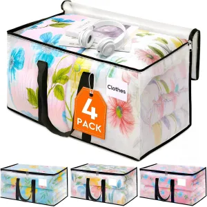 HomeHacks Clear Moving Bags Heavy Duty 4 Pack, Storage Bags with Zipper, Extra Thick Handles & Waterproof Packing Boxes for Moving, Camping, Home Organization 93L/24Gal (28.7"x14.2"x14")
