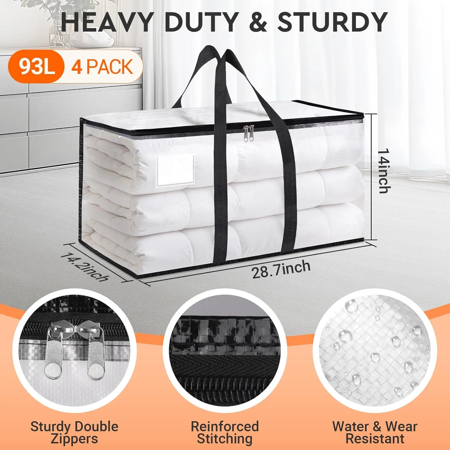 HomeHacks Clear Moving Bags Heavy Duty 4 Pack, Storage Bags with Zipper, Extra Thick Handles & Waterproof Packing Boxes for Moving, Camping, Home Organization 93L/24Gal (28.7"x14.2"x14")