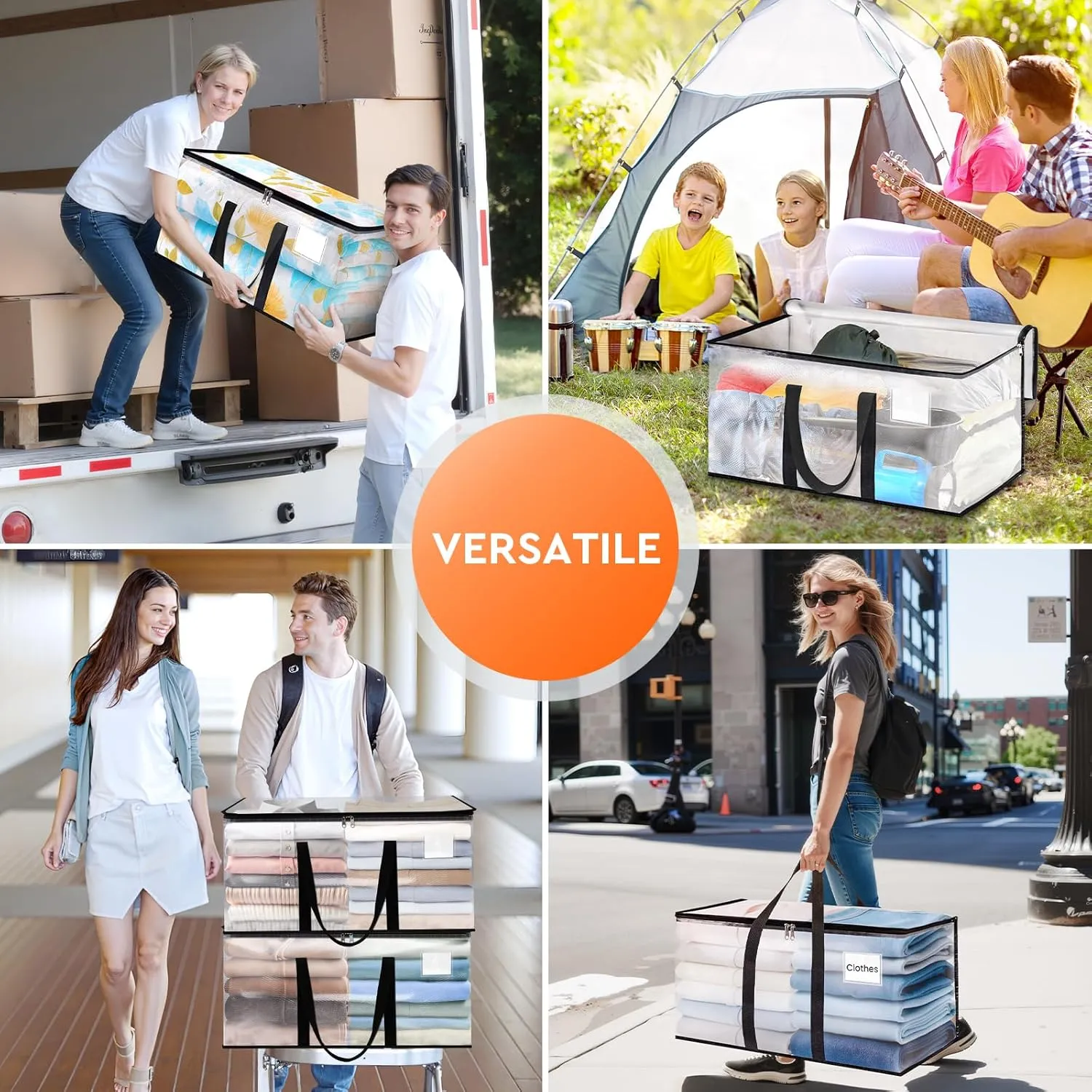 HomeHacks Clear Moving Bags Heavy Duty 4 Pack, Storage Bags with Zipper, Extra Thick Handles & Waterproof Packing Boxes for Moving, Camping, Home Organization 93L/24Gal (28.7"x14.2"x14")