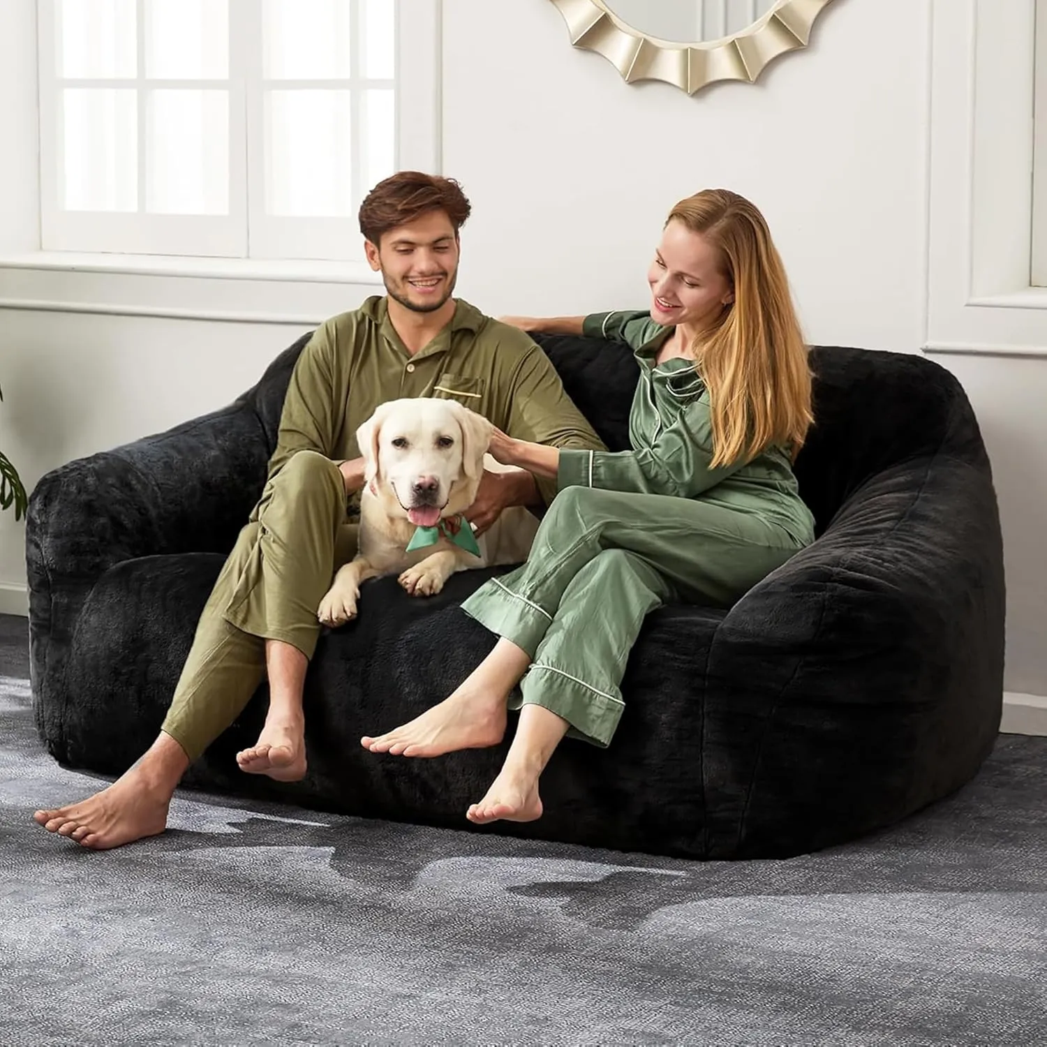 Homguava Bean Bag Sofa, Giant Bean Bag Chair for Adults, Bean Bag Couch Foam Stuffed Floor Sofa with Soft Faux Fur Cover & Wide Armrests BeanBag Lazy Sofa for Bedroom,Living Room,Apartment (Black)