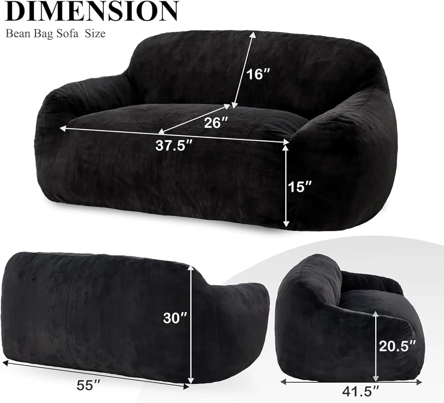 Homguava Bean Bag Sofa, Giant Bean Bag Chair for Adults, Bean Bag Couch Foam Stuffed Floor Sofa with Soft Faux Fur Cover & Wide Armrests BeanBag Lazy Sofa for Bedroom,Living Room,Apartment (Black)