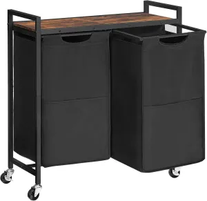 HOOBRO Laundry Hamper, Laundry Sorter 2 Section, 2 × 13 Gal (49.5L), Laundry Basket with Wheels, Rolling Cart, Pull-Out and Removable Oxford Fabric Bags, Rustic Brown and Black BF72XY01