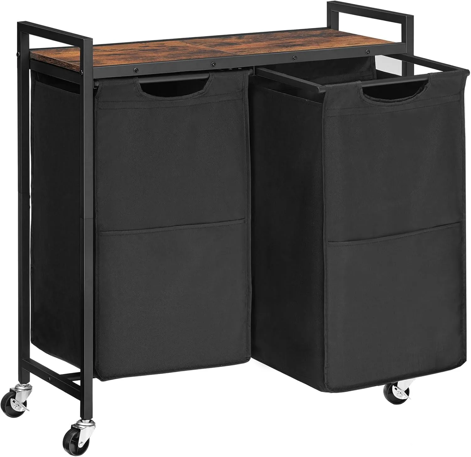 HOOBRO Laundry Hamper, Laundry Sorter 2 Section, 2 × 13 Gal (49.5L), Laundry Basket with Wheels, Rolling Cart, Pull-Out and Removable Oxford Fabric Bags, Rustic Brown and Black BF72XY01