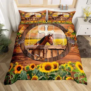 Horse Bedding Set Vintage U-Shaped Horseshoe Comforter Cover Horse Gifts for Girls,Bohemian Sunflower Duvet Cover Queen Retro Rustic Lodge Cabin Bed Set,Farm Western Animals Farmhouse Decor