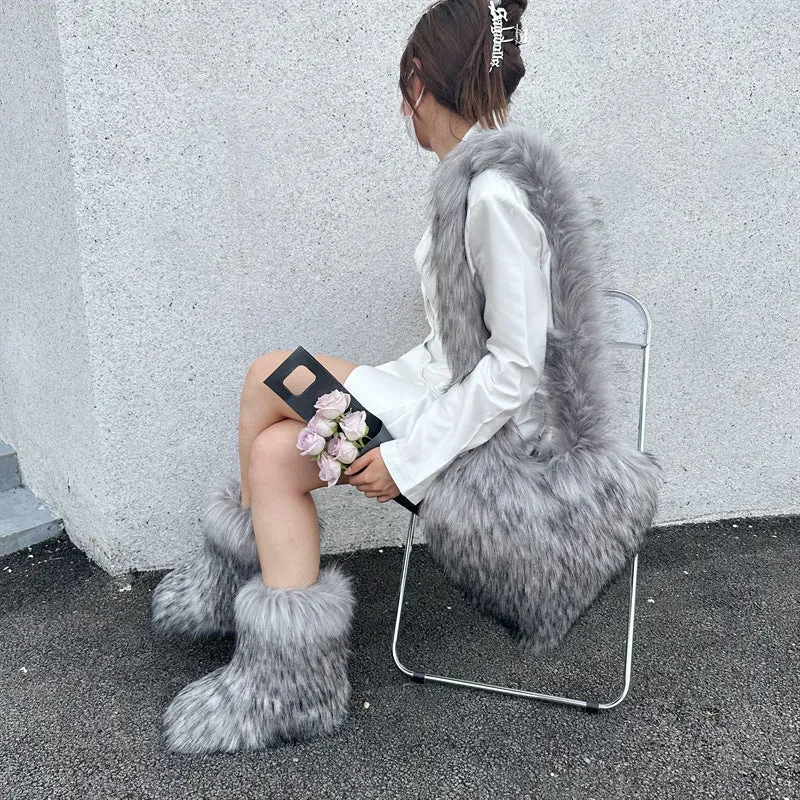Hot selling solid color fur two-piece set(shoes and bags) HPSD325