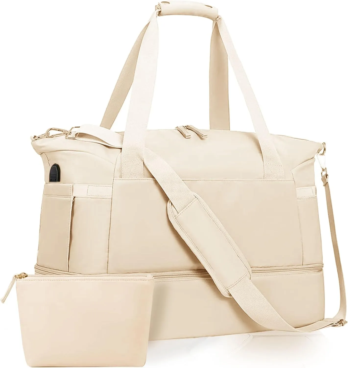 HUELLA AD Weekender Bags for Women Travel, Stylish Women's Workout Bag, Duffle Bag Women, Gym Duffle Bag with Shoe Compartments & USB Charging Port (Beige)