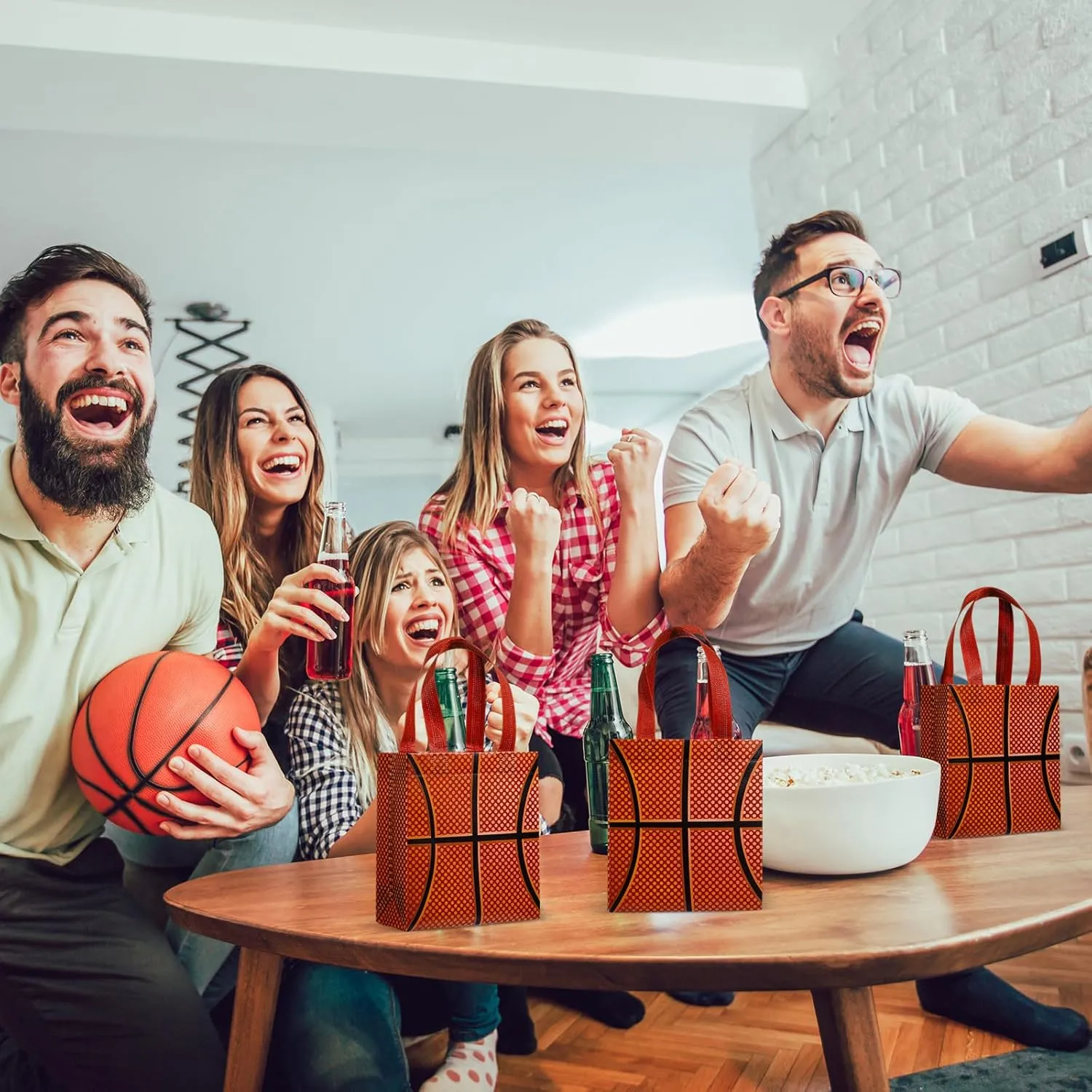 Huhumy 24 Pcs Sports Party Favor Bags Football Basketball Baseball Soccer Treat Goodie Gift Bag with Handles for Party Gift(Basketball)