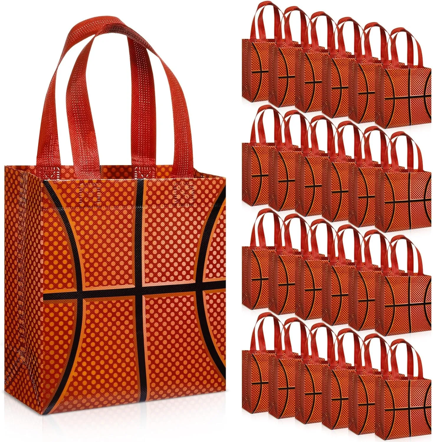 Huhumy 24 Pcs Sports Party Favor Bags Football Basketball Baseball Soccer Treat Goodie Gift Bag with Handles for Party Gift(Basketball)