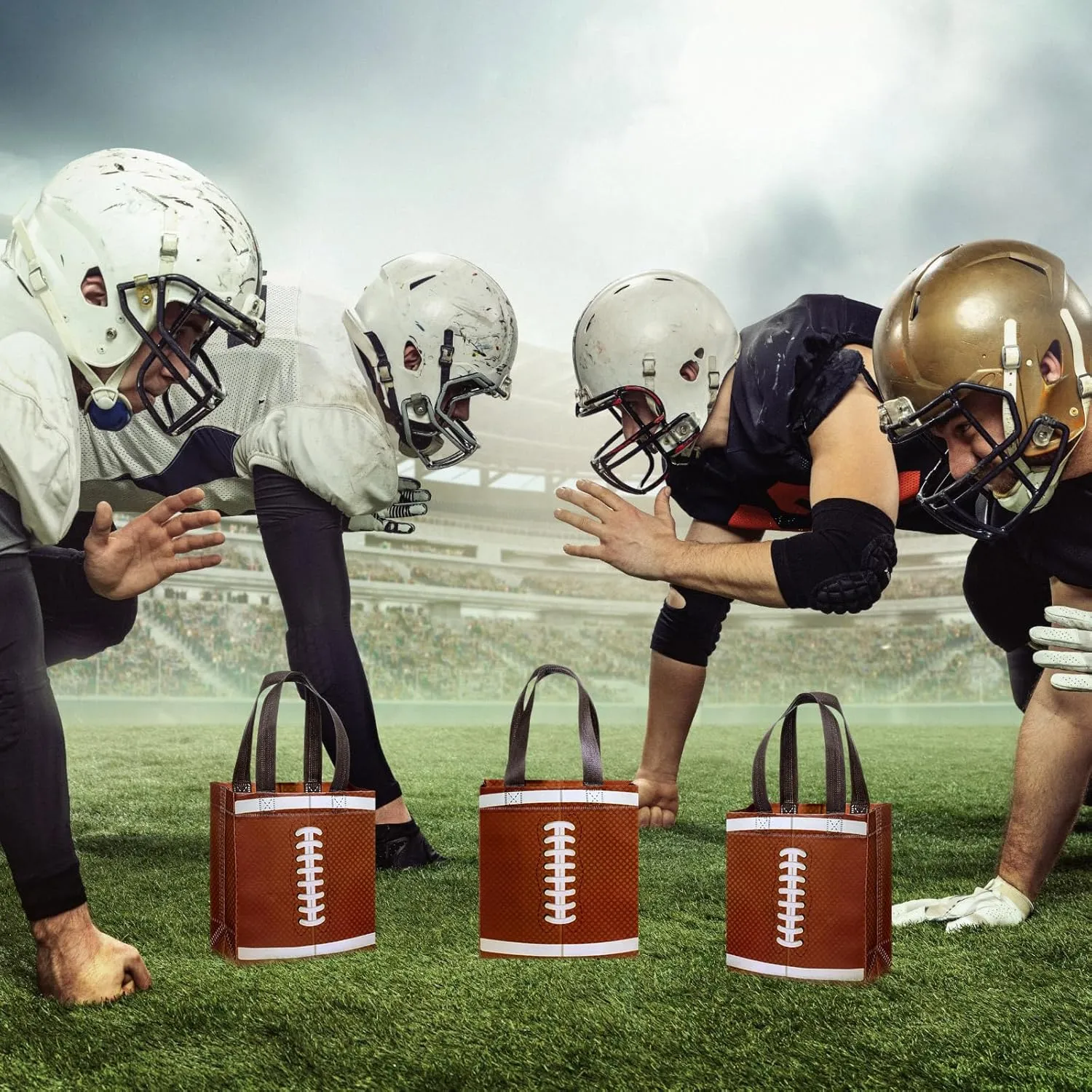 Huhumy 24 Pcs Sports Party Favor Bags Football Basketball Baseball Soccer Treat Goodie Gift Bag with Handles for Party Gift(Football)