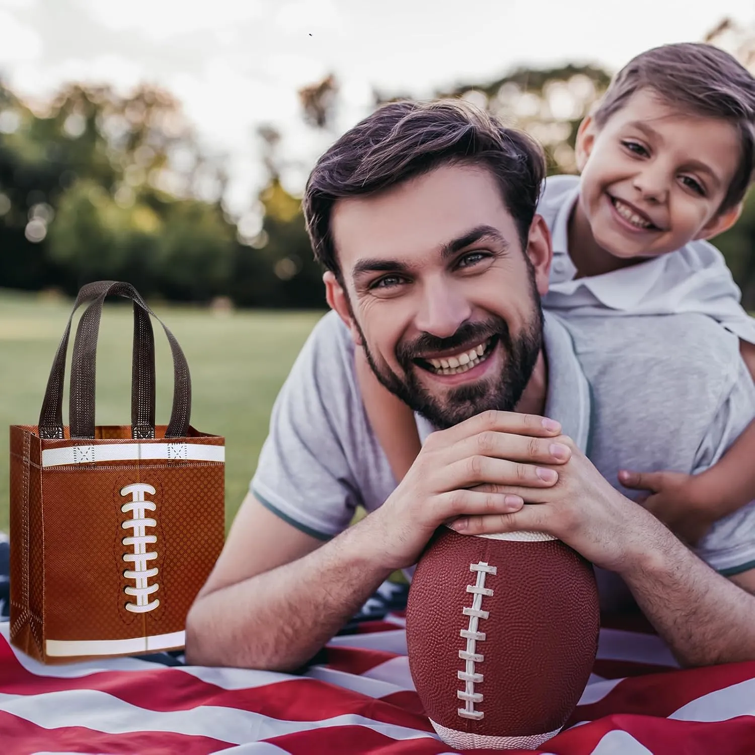 Huhumy 24 Pcs Sports Party Favor Bags Football Basketball Baseball Soccer Treat Goodie Gift Bag with Handles for Party Gift(Football)
