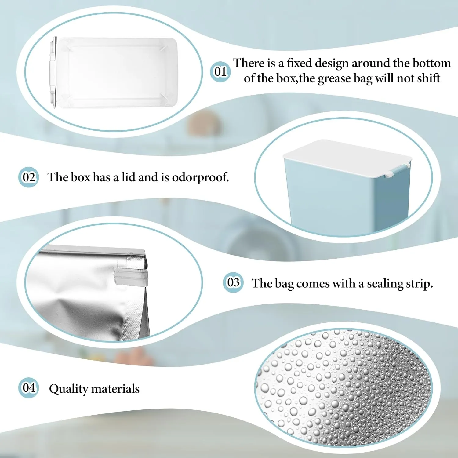 Hushee Set of 26 Grease Container for Kitchen with 25 Pcs Foil Liners Disposable Grease Bags, 1 Pcs Storage Bin, Cooking Oil Container Help Stop Kitchen Drains from Getting Clogged (Blue)