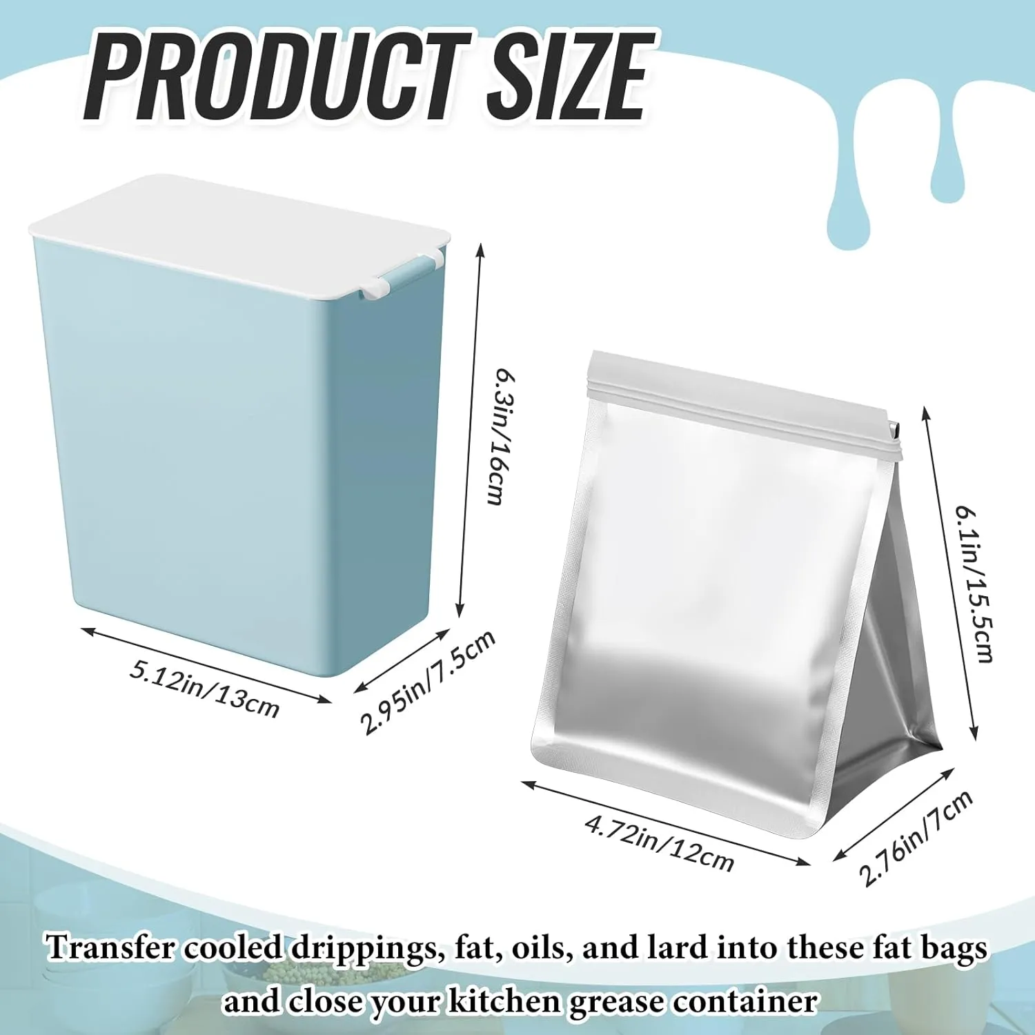 Hushee Set of 26 Grease Container for Kitchen with 25 Pcs Foil Liners Disposable Grease Bags, 1 Pcs Storage Bin, Cooking Oil Container Help Stop Kitchen Drains from Getting Clogged (Blue)