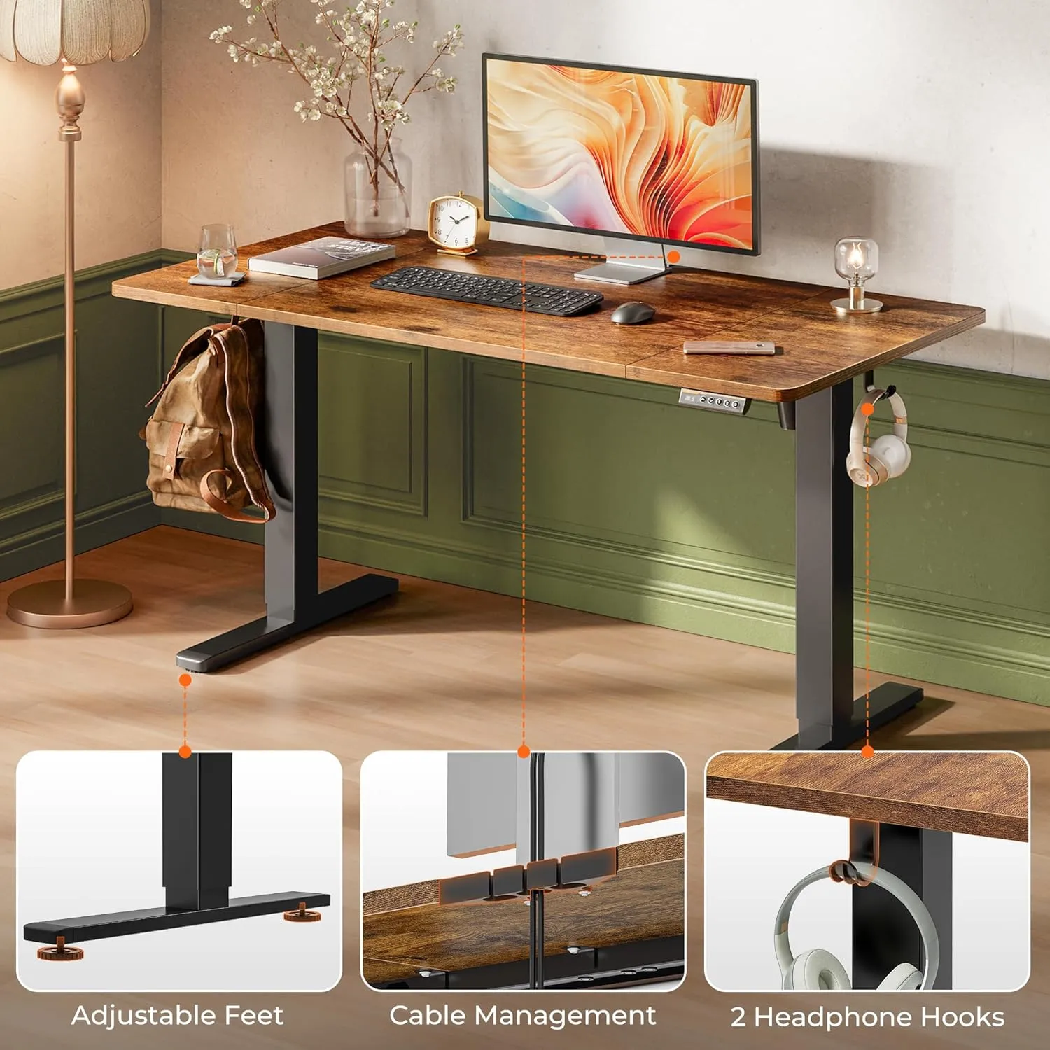 Huuger 55 x 28 Large Electric Standing Desk, Height Adjustable Computer Desk, 27.6" Deep Desktop, Stand up Gaming Office Desk with 2 Hooks, 3 Preset Heights, for Home Office, Rustic Brown