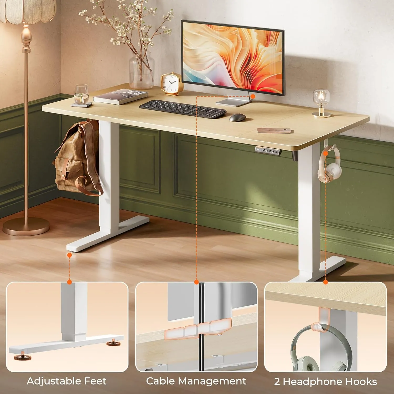 Huuger 55 x 28 Large Electric Standing Desk, Height Adjustable Desk, 27.6" Deep Desktop, Stand up Gaming Computer Office Desk with 2 Hooks, 3 Preset Heights, for Home Office, Natural