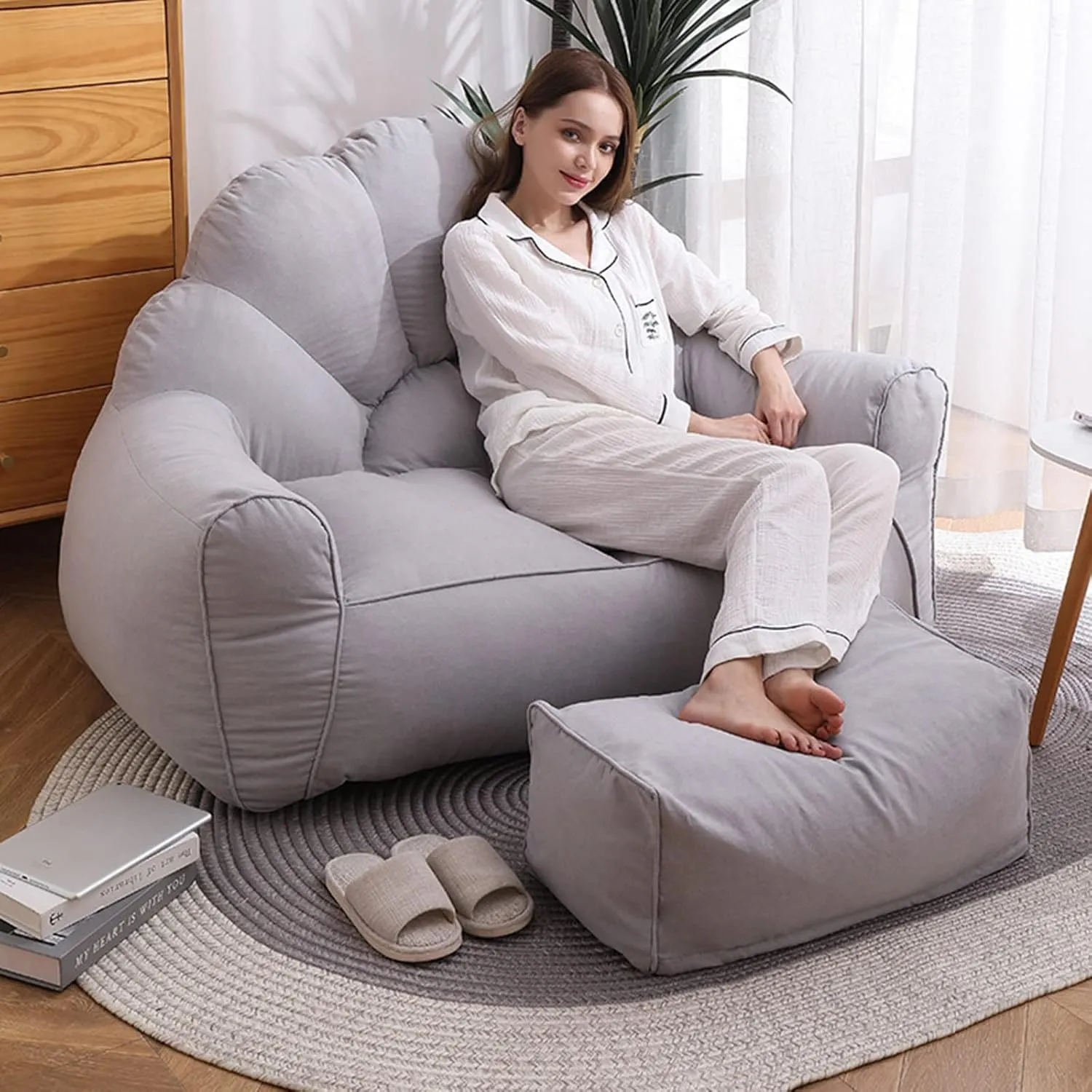 HWOEK Lazy Sofas Bean Bag Chair w/Footstool Lounger Seat - Soft Beanbag Cover, No Filler, Stuffed Animal Storage, Gray