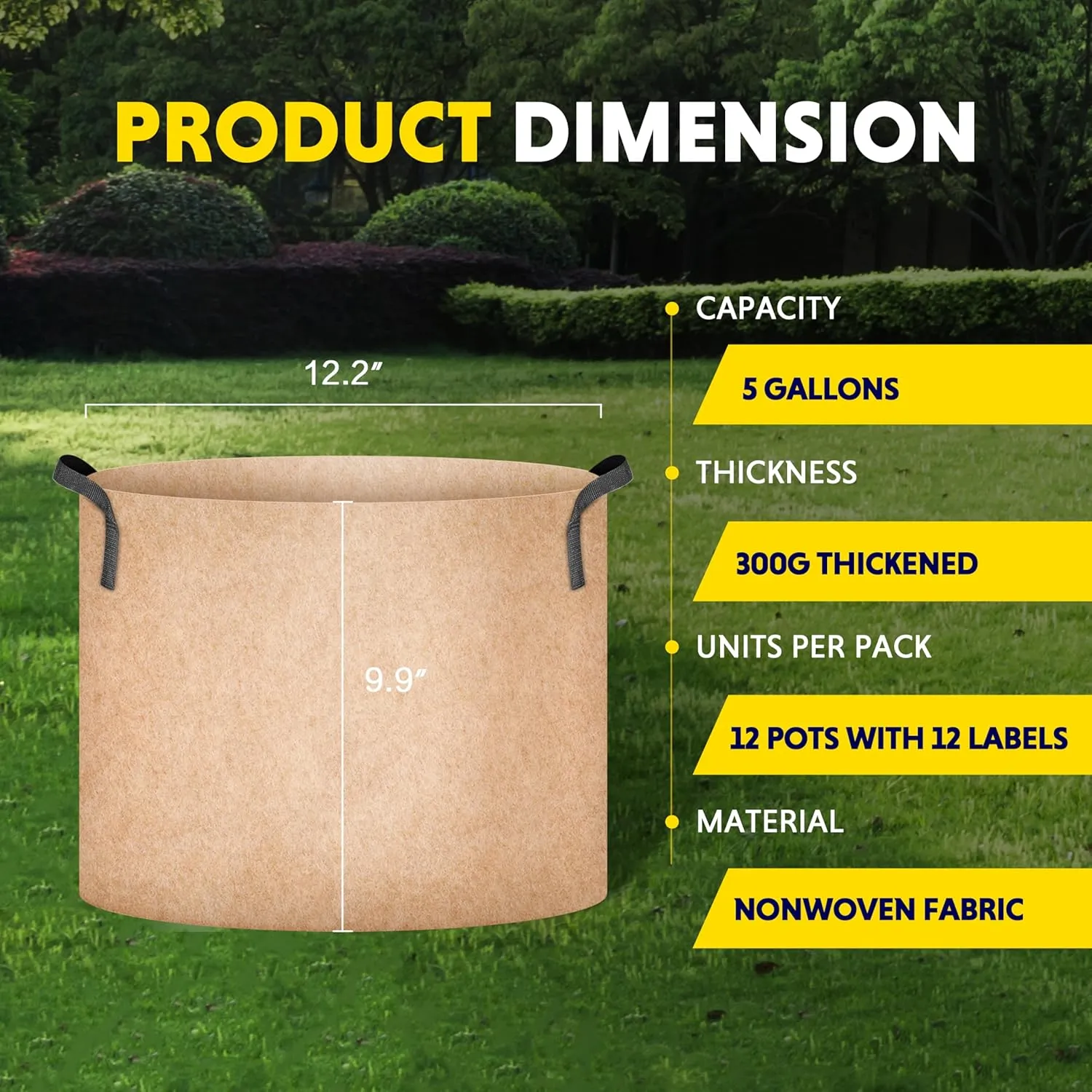 iPower 12-Pack 5 Gallon Grow Bags Heavy Duty Thickened Aeration Nonwoven Fabric Pots with Nylon Handles, for Planting Vegetables, Fruits, Flowers, Tan