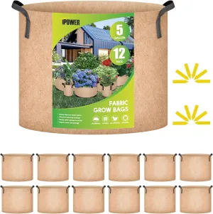 iPower 12-Pack 5 Gallon Grow Bags Heavy Duty Thickened Aeration Nonwoven Fabric Pots with Nylon Handles, for Planting Vegetables, Fruits, Flowers, Tan