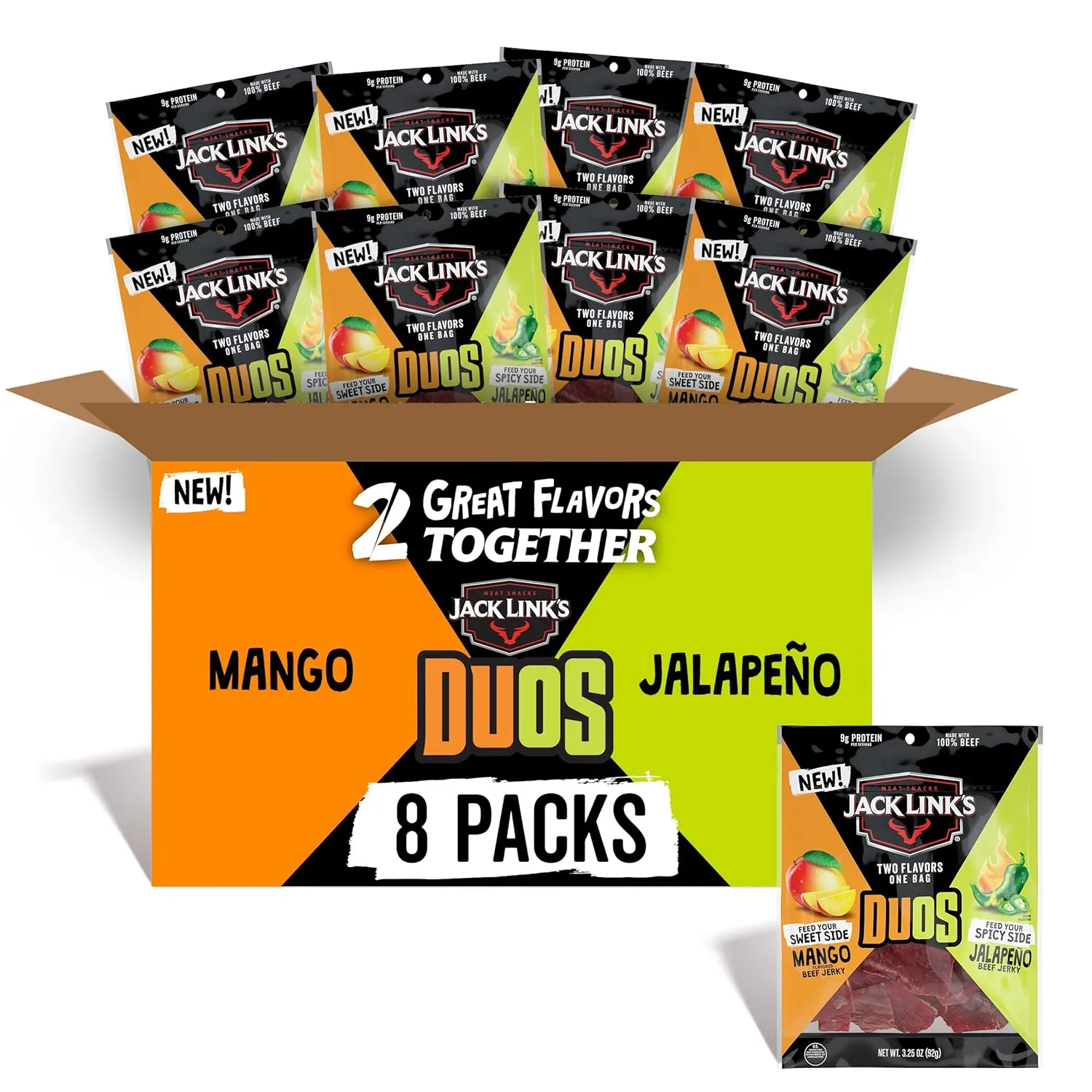 Jack Link's DUOs Jalapeño and Mango Beef Jerky, Shareable Under 100 Calories Snack Packs with 9g of Protein, Feed Your Beast Side With Individual Bags of Meat Snacks – 3.25oz (8 Count)