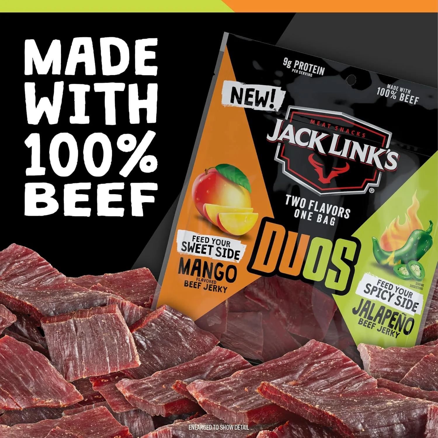 Jack Link's DUOs Jalapeño and Mango Beef Jerky, Shareable Under 100 Calories Snack Packs with 9g of Protein, Feed Your Beast Side With Individual Bags of Meat Snacks – 3.25oz (8 Count)