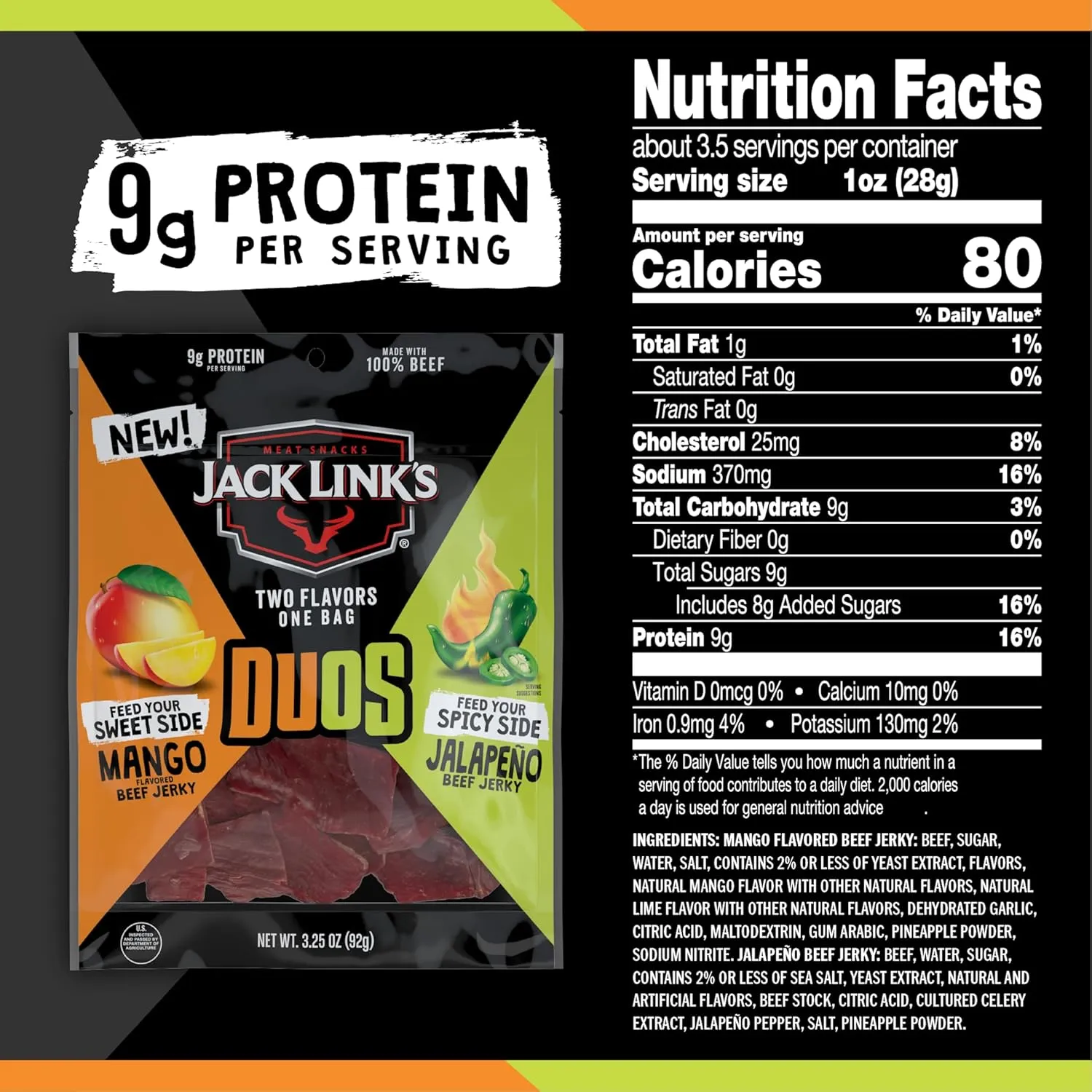 Jack Link's DUOs Jalapeño and Mango Beef Jerky, Shareable Under 100 Calories Snack Packs with 9g of Protein, Feed Your Beast Side With Individual Bags of Meat Snacks – 3.25oz (8 Count)