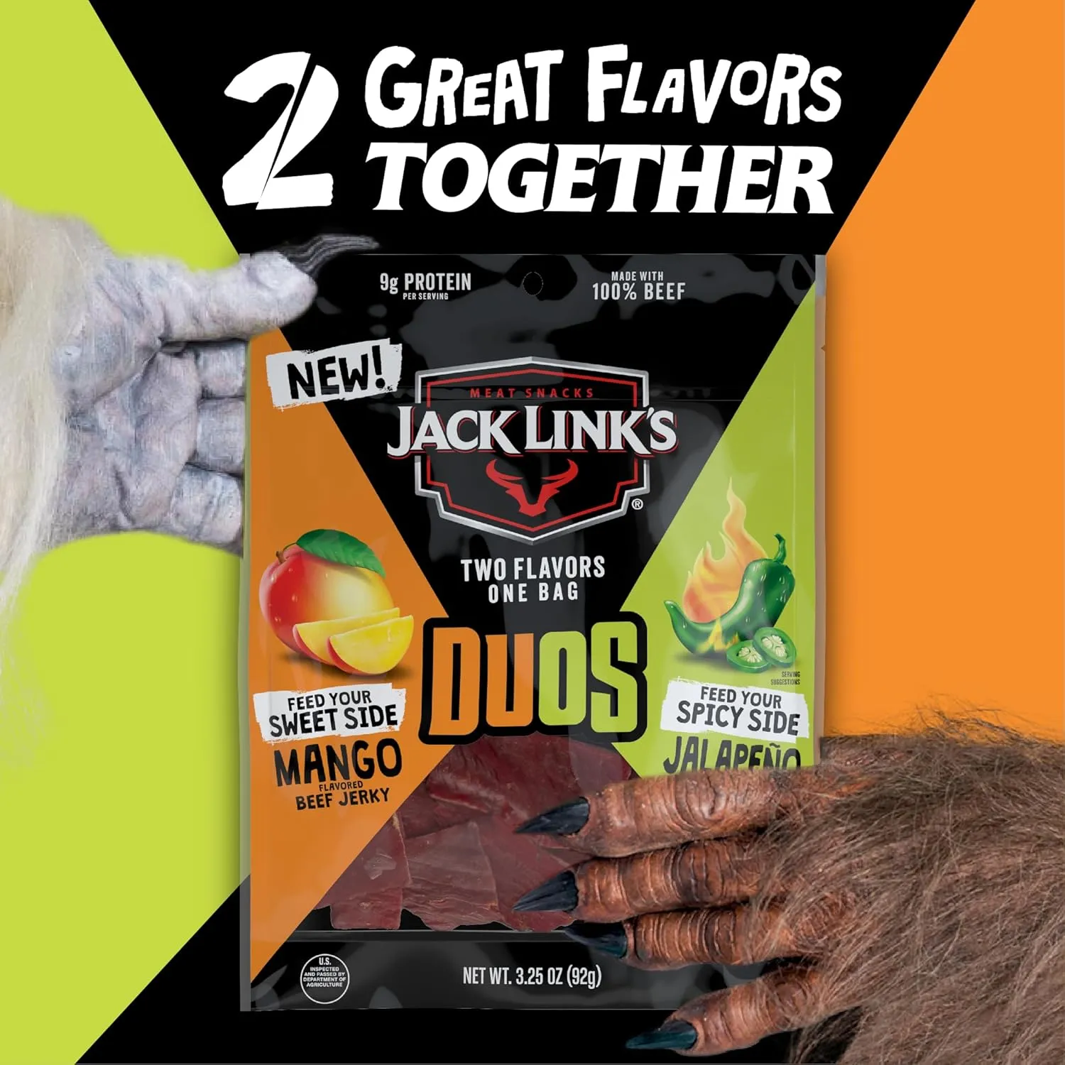 Jack Link's DUOs Jalapeño and Mango Beef Jerky, Shareable Under 100 Calories Snack Packs with 9g of Protein, Feed Your Beast Side With Individual Bags of Meat Snacks – 3.25oz (8 Count)