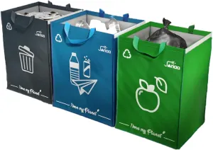 Janaa® | Premium Set of 3 Recycling Bags [Stylish Design] | Durable Sorting Bags for Recyclables, Organic & General Waste