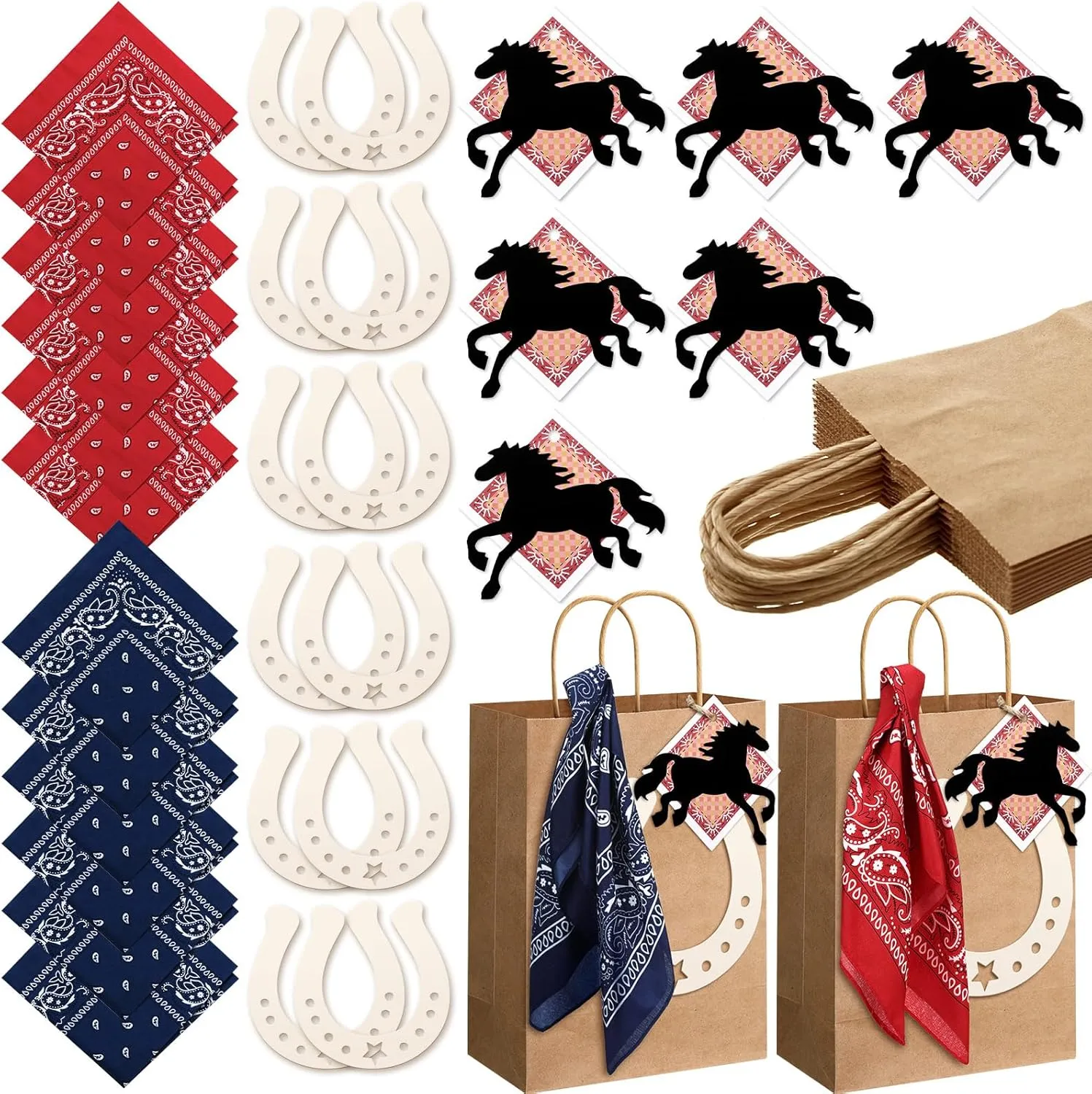 Jeere 12 Set Western Cowboy Gift Bags with Handles Cowboy Goodie Candy Paper Bags Set with Red and Blue Paisley Bandana Horseshoes Stickers Cards for Rustic Western Birthday Party Favor Supplies