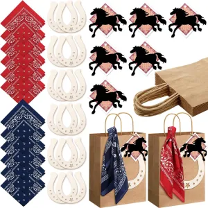 Jeere 12 Set Western Cowboy Gift Bags with Handles Cowboy Goodie Candy Paper Bags Set with Red and Blue Paisley Bandana Horseshoes Stickers Cards for Rustic Western Birthday Party Favor Supplies