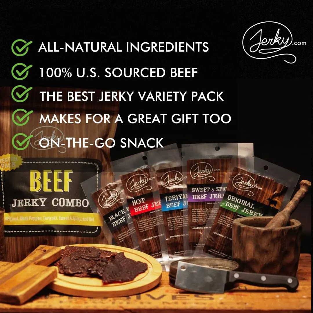 Jerky.com Beef Jerky Variety Sampler Pack Original, Black Pepper, Teriyaki, Sweet & Spicy, Hot - Flavorful Meat Snack - Made with Premium Beef, No Added MSG - Healthy Protein Snack Gifts for Men (5 Flavors - 1 oz. bags)