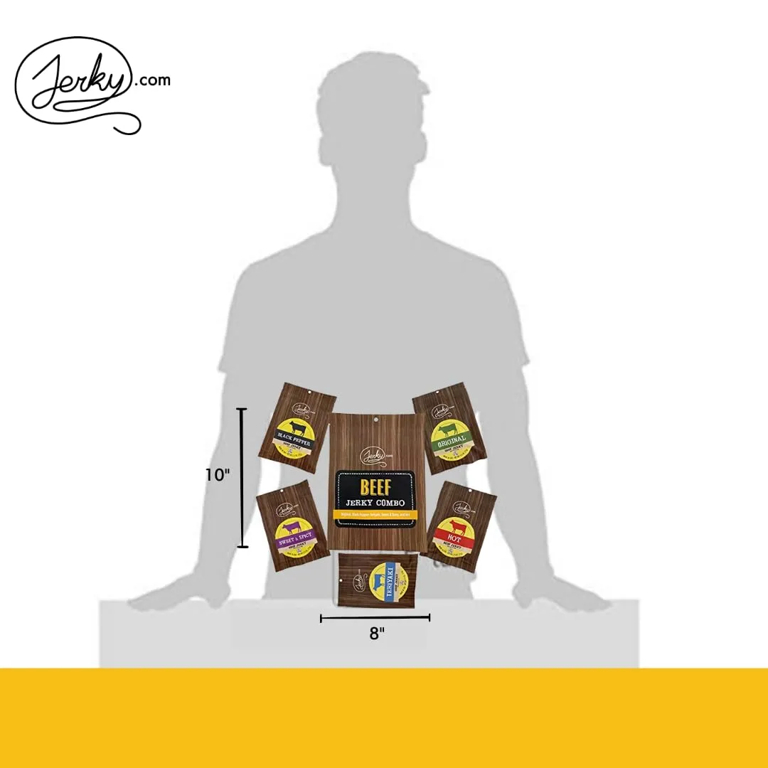 Jerky.com Beef Jerky Variety Sampler Pack Original, Black Pepper, Teriyaki, Sweet & Spicy, Hot - Flavorful Meat Snack - Made with Premium Beef, No Added MSG - Healthy Protein Snack Gifts for Men (5 Flavors - 1 oz. bags)