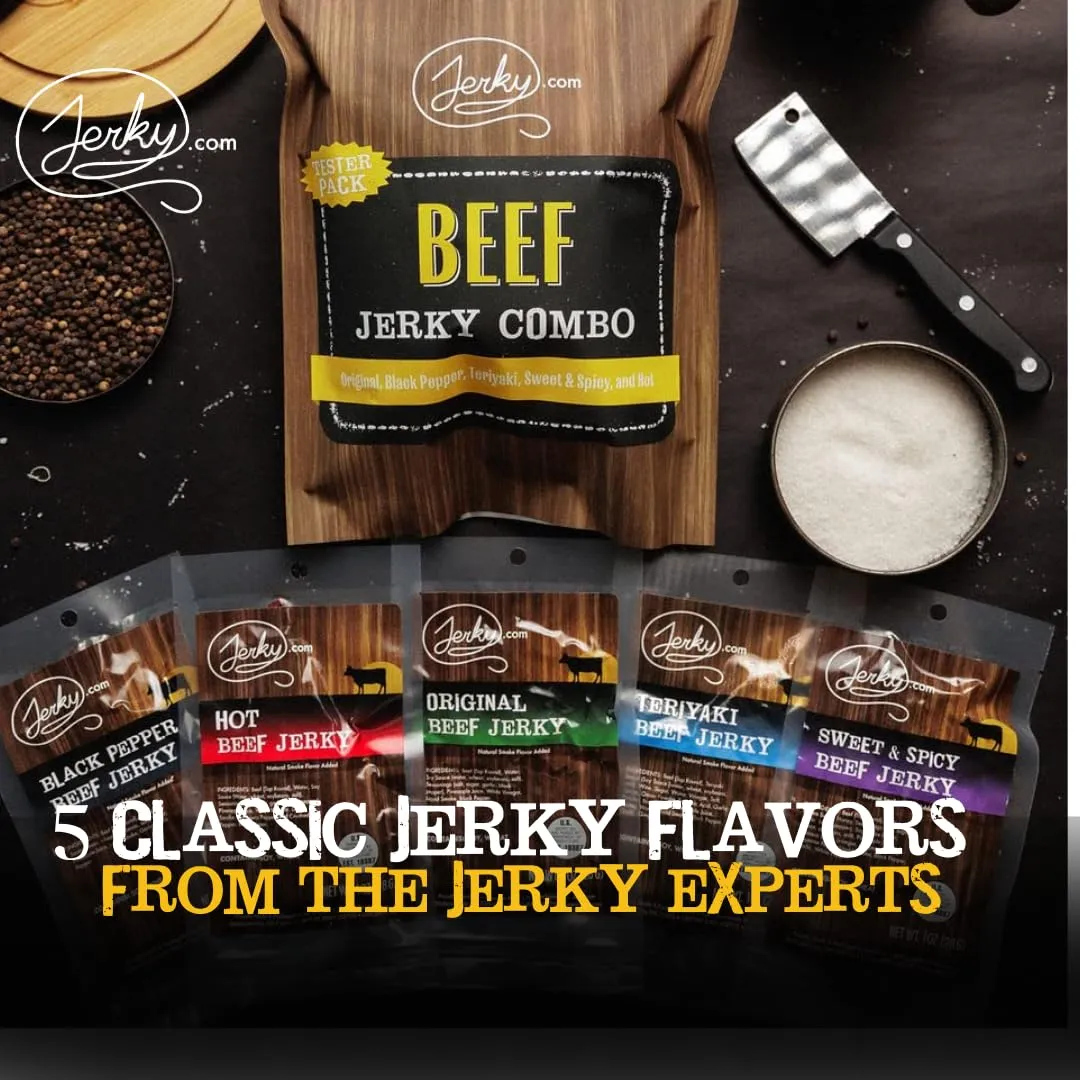 Jerky.com Beef Jerky Variety Sampler Pack Original, Black Pepper, Teriyaki, Sweet & Spicy, Hot - Flavorful Meat Snack - Made with Premium Beef, No Added MSG - Healthy Protein Snack Gifts for Men (5 Flavors - 1 oz. bags)