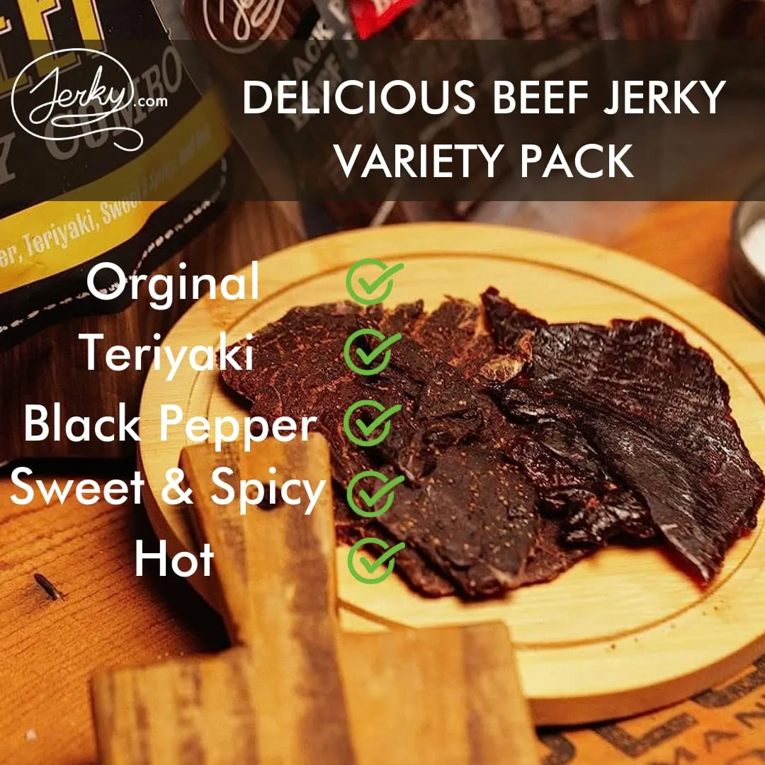 Jerky.com Beef Jerky Variety Sampler Pack Original, Black Pepper, Teriyaki, Sweet & Spicy, Hot - Flavorful Meat Snack - Made with Premium Beef, No Added MSG - Healthy Protein Snack Gifts for Men (5 Flavors - 1 oz. bags)