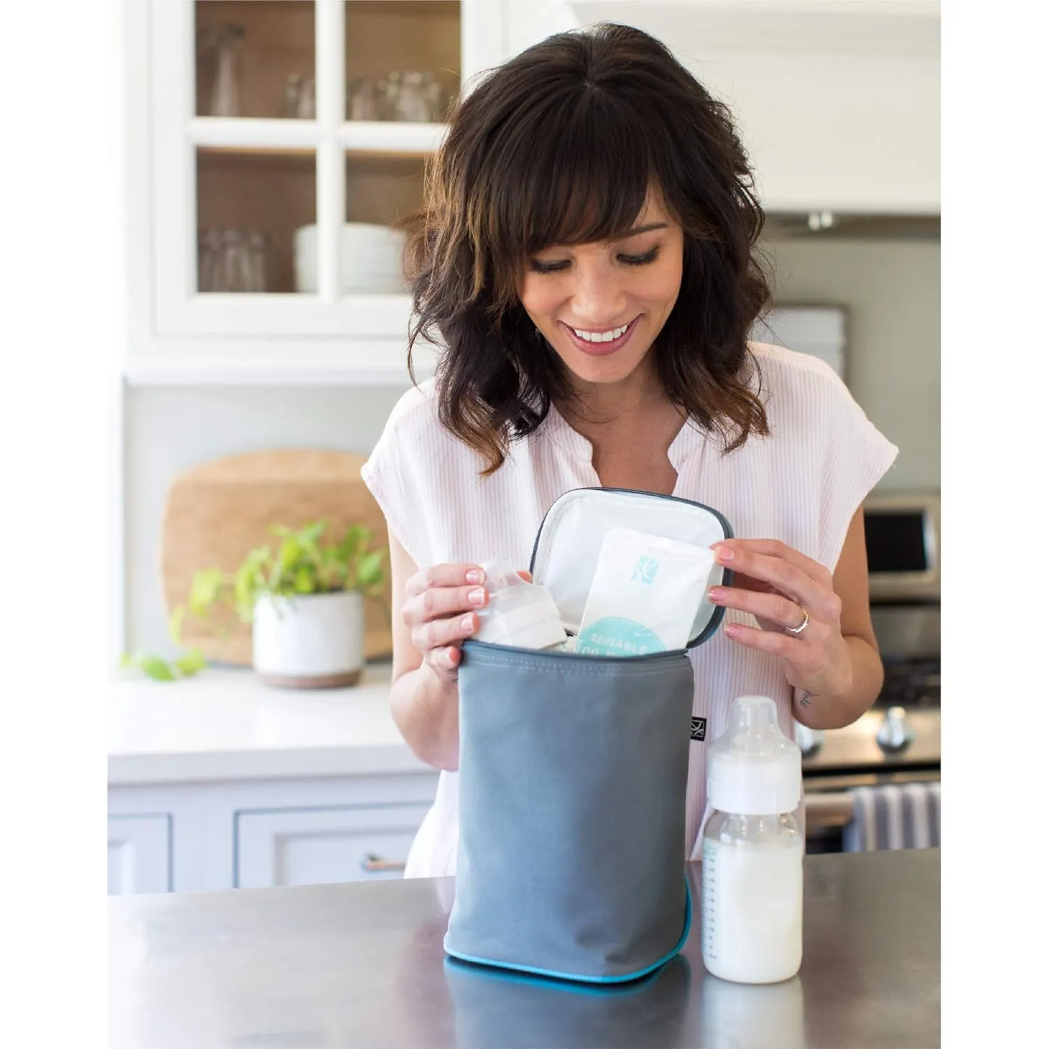 J.L. Childress TwoCOOL Breastmilk Cooler - Double Baby Bottle & Food Bag - Ice Pack Included - Fits 2-4 Bottles - Insulated & Leak Proof Breastmilk Cooler Bag for Travel - Grey/Teal