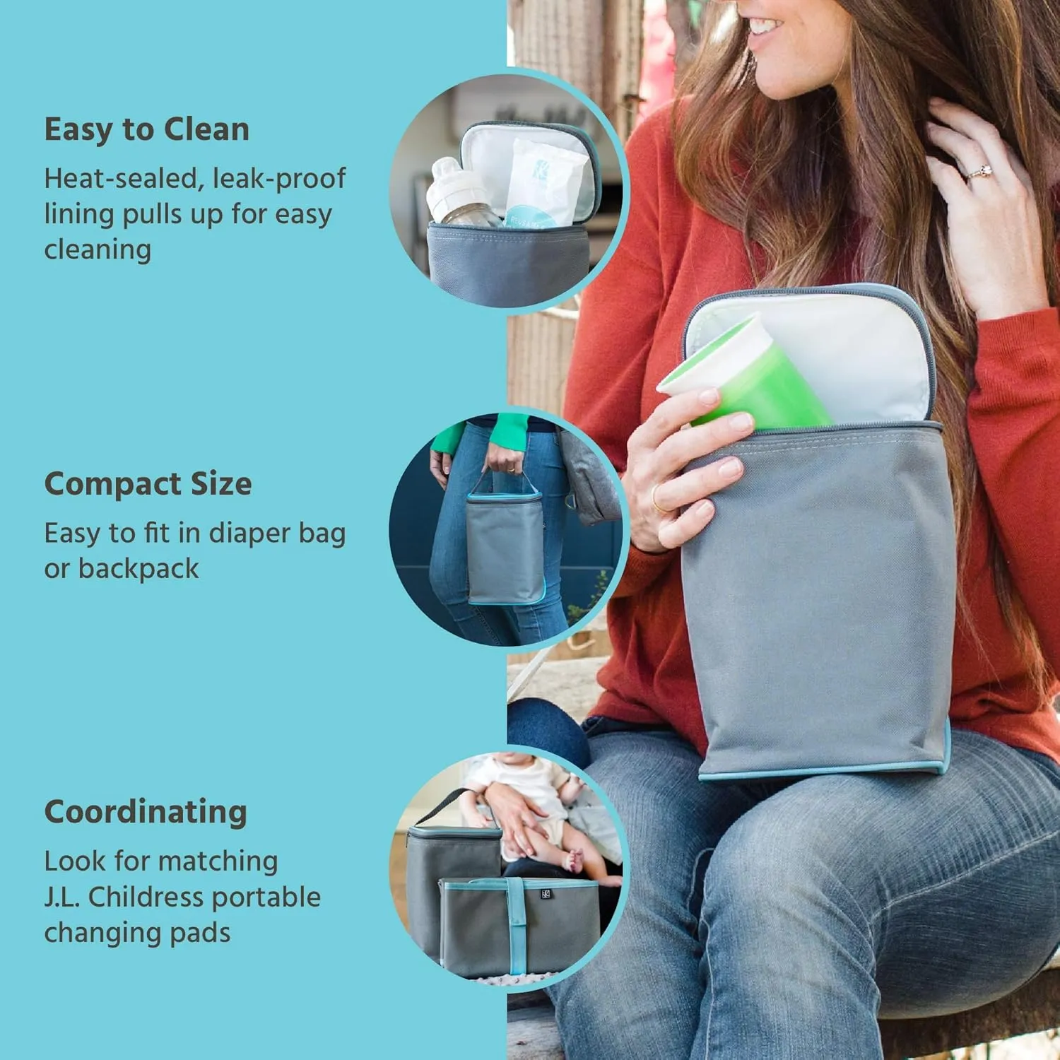 J.L. Childress TwoCOOL Breastmilk Cooler - Double Baby Bottle & Food Bag - Ice Pack Included - Fits 2-4 Bottles - Insulated & Leak Proof Breastmilk Cooler Bag for Travel - Grey/Teal