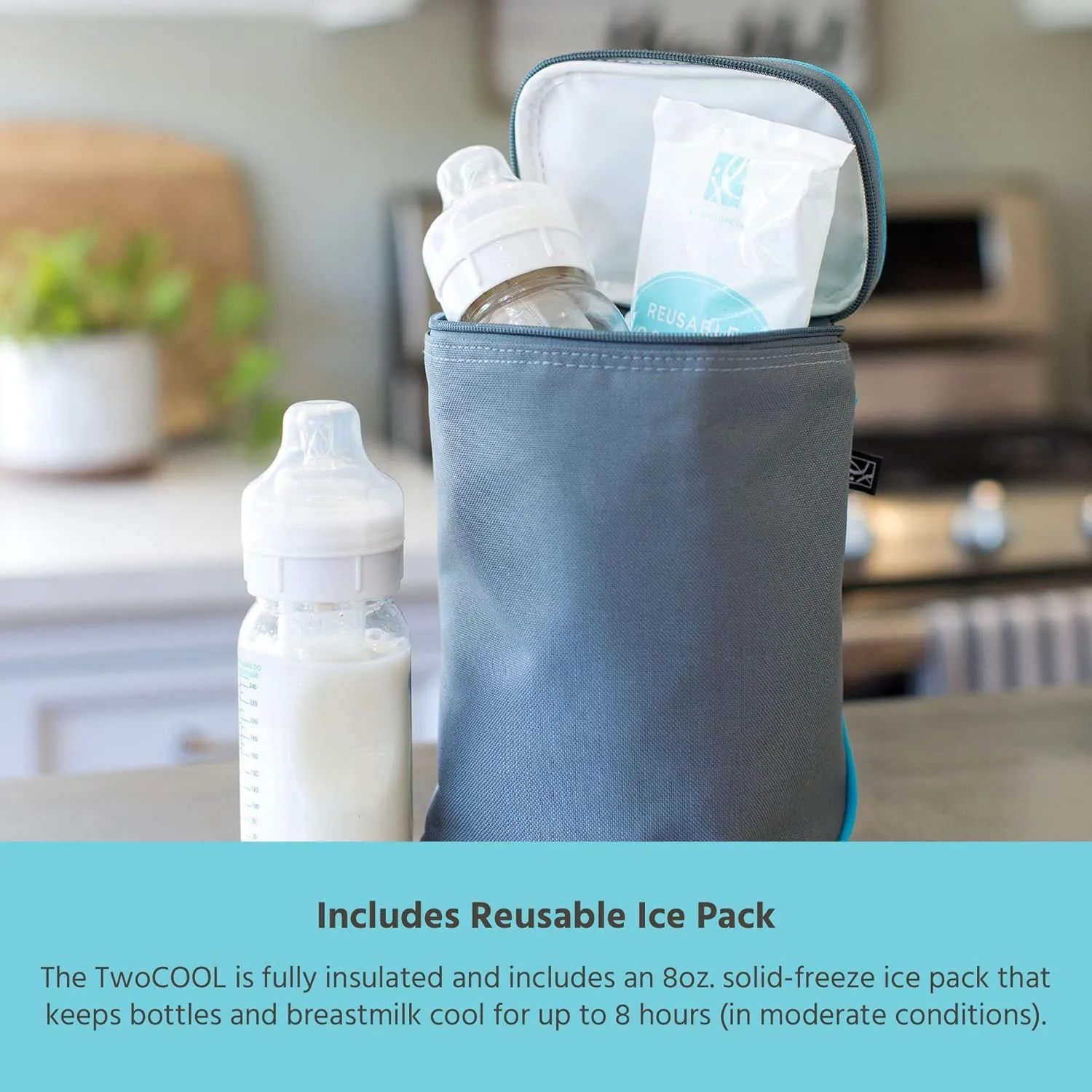 J.L. Childress TwoCOOL Breastmilk Cooler - Double Baby Bottle & Food Bag - Ice Pack Included - Fits 2-4 Bottles - Insulated & Leak Proof Breastmilk Cooler Bag for Travel - Grey/Teal