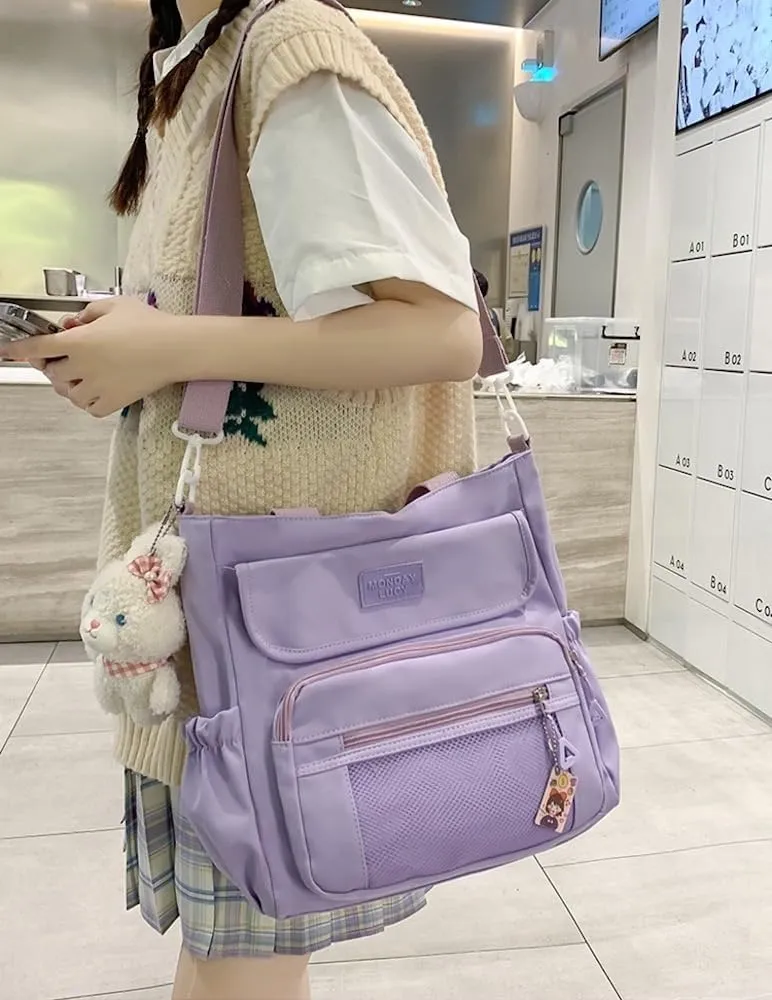 Kawaii Crossbody Bag with Plushies Preppy Crossbody Bag Solid Vanilla Aesthetic Messenger Bag Shoulder Tote Bag
