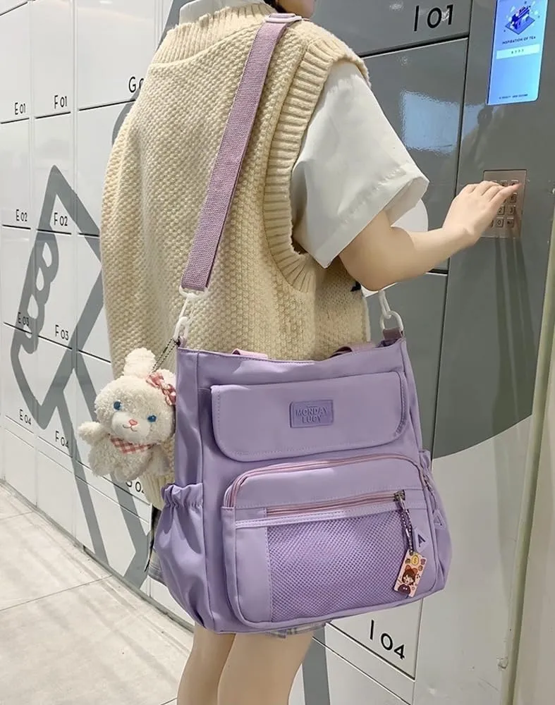 Kawaii Crossbody Bag with Plushies Preppy Crossbody Bag Solid Vanilla Aesthetic Messenger Bag Shoulder Tote Bag