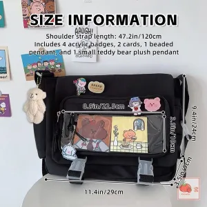 Kawaii Crossbody Ita Bag for Women with Pin & Plush Bear - Japanese Messenger Bags Y2K Shoulder Backpack