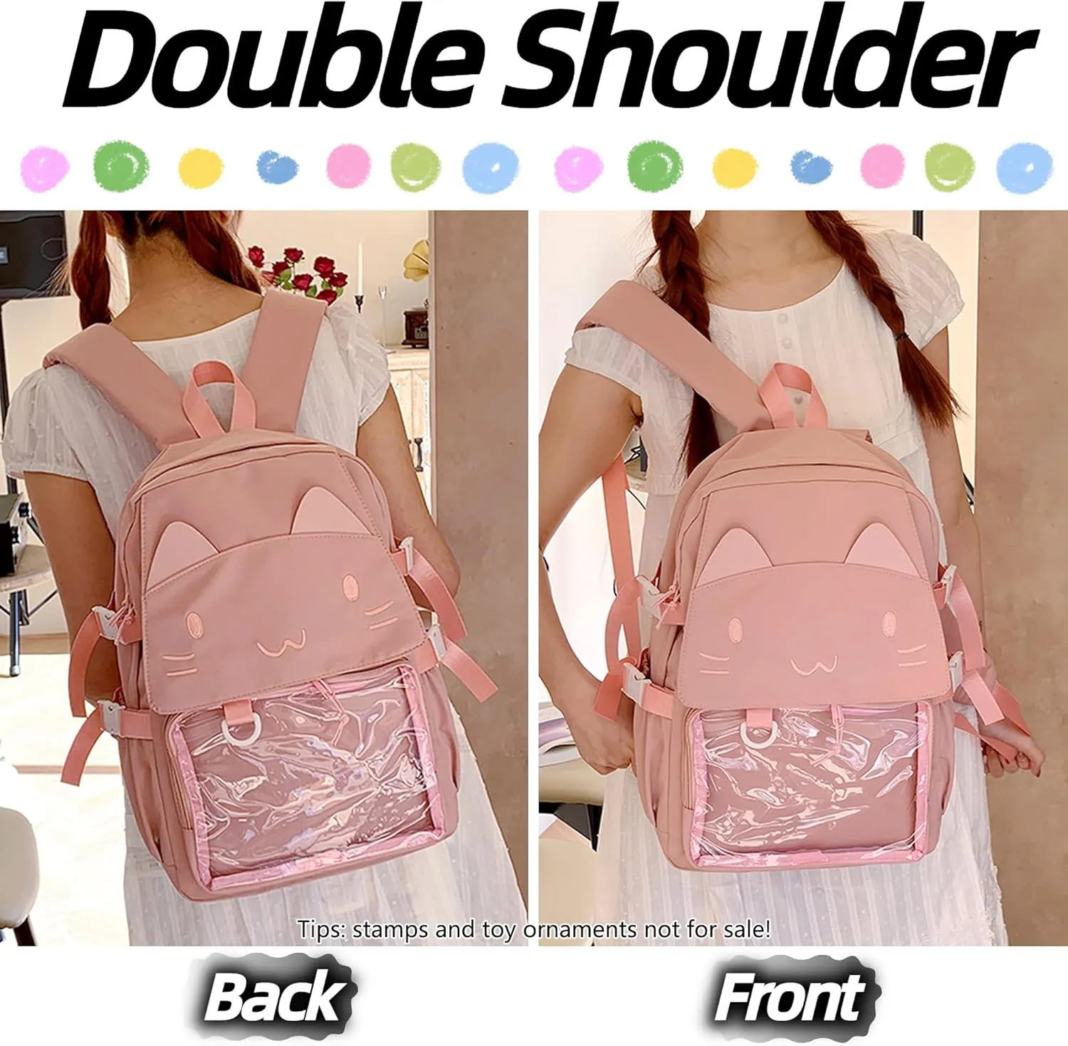 Kawaii Ita Bag with Anime Display Insert & Pin Japanese-Style Cat Emo Casual Daypack For Cosplay Travel Hiking and Daily Use (Pink)